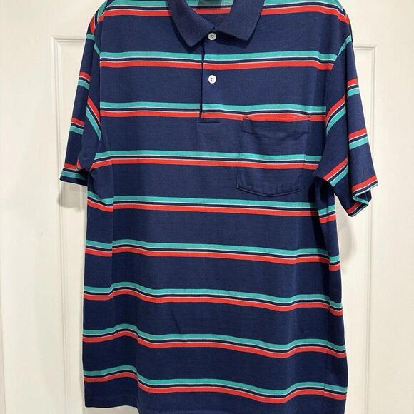 Striped Polo Shirt Mens L Red Short Sleeve Logo First Event USA Chandler Joey - Picture 1 of 14